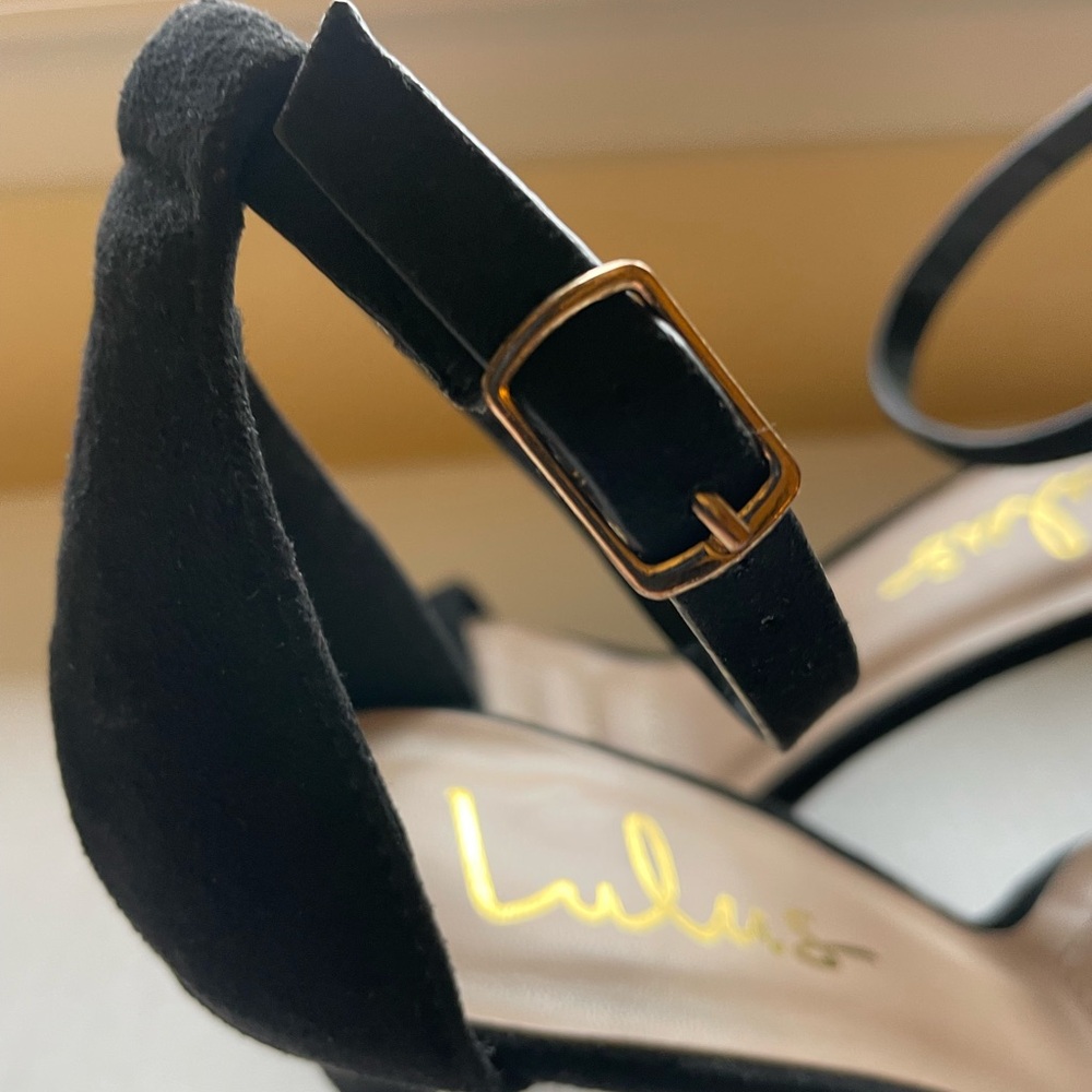 Lulu's Black Suede Heels with Gold Buckle